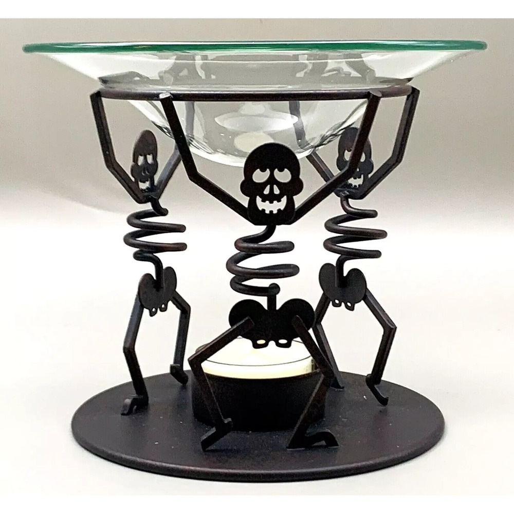 Halloween 3 Skeletons Metal PartyLite Wax Melts Candle Holder Retired NIB P8603